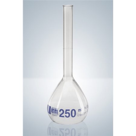 Volumetric flasks with rim 100ml, cl.A, Duran, blue grad.