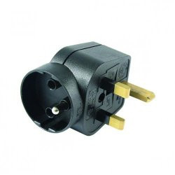 Transitional plug, black of male with 2 earthing contact system to england plug, angle construction with fuse