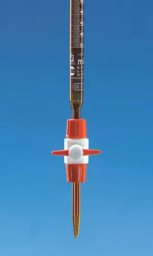 Kompakt büretta BLAUBRAND® cl.AS DE-M50 ml:0,1 ml, Boro 3.3 borostyán, zárócsap PTFE, grad. fehér, DIN EN ISO 385