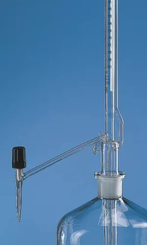 Auto.büretta Pellet BLAUBRAND® cl.AS DE-M10 ml: 0,02 ml, Bór 3,3 átlátszó, oldalsó szelepcsap PTFE, fokozatmentes kék Schellbach csíkkal,