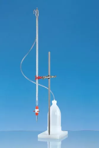 Komplett automata büretta BLAUBRANDcl.AS,DE-M 25ml:0,05ml, átlátszó, foszlánykék Schellbach, PTFE elzárócsappal, 1000ml-es flakonnal és műanyag töltőcsővel