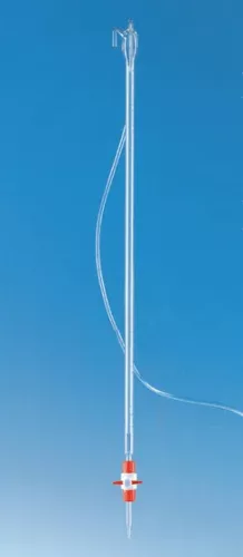 Komplett automata büretta BLAUBRANDcl.AS, DE-M25ml: 0,05ml, Boro 3.3 átlátszó, kék fokozatú Schellbach csíkkal, PTFE elzárócsappal, műanyag töltőcsővel együtt