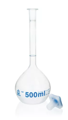 BRAND Mérőlombik,BLAUBRAND,A osztály, ,USP,cert.500ml, Boro 3.3,NS 19/26,PP -dugó beosztással kék,DIN EN ISO 1042,USP Batch tanúsítvánnyal,2 db-os csomag 2 db-os csomag