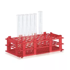   Kémcsőtartó, PP, piros, 265x126x88 mm, 32 db, 25 mm átmérőjű kémcsőhöz, alfanumerikusan jelölt pozíciók, gőzsterilizálásnak ellenálló (121C)