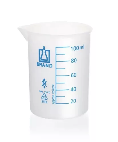 Főzőpohár, alacsony, ETFE 100 ml: 20 ml beosztással és kiöntővel, gyöngyös peremmel