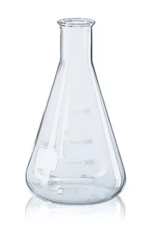 Erlenmeyer-lombik, széles nyakú, Boro 3,3 50 ml, gyöngyös peremmel és beosztással, DIN EN ISO 24450