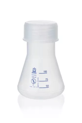 Erlenmeyer-lombik, széles nyakú, PP, 250 ml, csavaros kupakkal, GL45