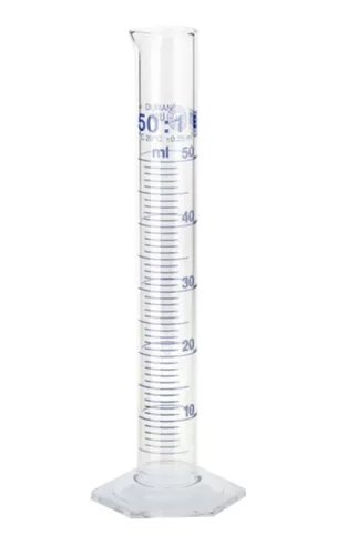 HIRSCHMANN mérőhenger DURAN A 50 ml megfelelőségi tanúsítvány, gyűrűs beosztás , kék beosztás 