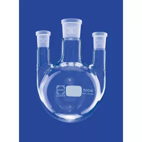   Gömblombik, háromnyakú, oldalsó nyakak ferde, középső nyakú NS 14/23, oldalsó nyakak NS 14/23, 50 ml, DURAN®