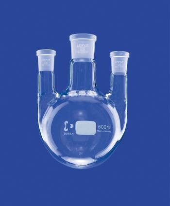 Gömblombik, háromnyakú, oldalsó nyakak párhuzamosak, középső nyakú NS 29/32, oldalsó nyakak NS 14/23, 500 ml, DURAN®