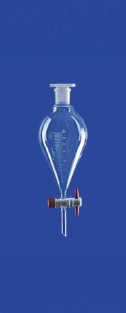 Elválasztó tölcsér, Csiszolat kúpos, PTFE dugó, 500 ml, NS 29/32, furat 4,0 mm, skála 10 ml, boroszilikát üveg 3,3