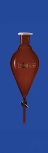 Elválasztó tölcsér, Csiszolat kúpos, tömör üveg dugó, 500 ml, NS 29/32, furat 4,0 mm, borostyánsárga, skála nélkül, boroszilikát üveg 3.3