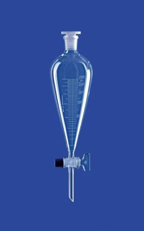 Elválasztó tölcsér acc. Squibb-hez, tömör üveg dugó, 250 ml, NS 29/32, furat 4,0 mm, skála 5 ml, boroszilikát üveg 3,3