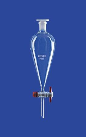 Elválasztó tölcsér acc. Squibb-hez, PTFE dugó, 250 ml, NS 29/32, furat 4,0 mm, skála nélkül, boroszilikát üveg 3.3
