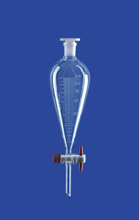 Elválasztó tölcsér acc. Squibb-hez, PTFE dugó, 250 ml, NS 29/32, furat 4,0 mm, skála 5 ml, boroszilikát üveg 3,3