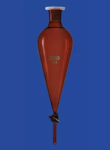 Elválasztó tölcsér acc. Squibb-hez, PTFE dugó, 50 ml, NS 19/26, furat 2,5 mm, borostyánsárga, vízkő nélkül, boroszilikát üveg 3.3