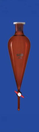 Elválasztó tölcsér acc. Squibb-hez, PTFE dugó, 500 ml, NS 29/32, furat 4,0 mm, borostyánsárga, skála nélkül, boroszilikát üveg 3.3