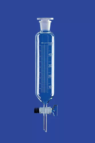 Elválasztó tölcsér, hengeres, tömör üveg dugó, 100 ml, NS 29/32, furat 2,5 mm, skála 2 ml, boroszilikát üveg 3,3