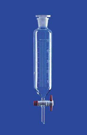 Elválasztó tölcsér, hengeres, PTFE dugó, 500 ml, NS 29/32, furat 4,0 mm, skála 10 ml, boroszilikát üveg 3,3
