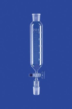 Csepegtető tölcsér, hengeres, tömör üveg dugó, 250 ml, NS 29/32, furat 4,0 mm, skála 5 ml, boroszilikát üveg 3,3