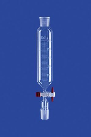 Csepegtető tölcsér, hengeres, PTFE dugó, 250 ml, NS 29/32, furat 4,0 mm, skála 5 ml, boroszilikát üveg 3,3