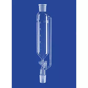    Csepegtető tölcsér, hengeres, nyomáskiegyenlítő cső, tömör üveg dugó, 25 ml, NS14/23, furat 2,5 mm, skála 0,5 ml, boroszilikát üveg 3,3