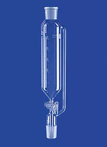  Csepegtető tölcsér, hengeres, nyomáskiegyenlítő cső, tömör üveg dugó, 25 ml, NS14/23, furat 2,5 mm, skála 0,5 ml, boroszilikát üveg 3,3