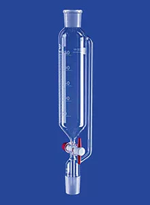 Csepegtető tölcsér, hengeres, nyomáskiegyenlítő csővel, PTFE dugó, 100 ml, NS 29/32, furat 2,5 mm, skála 2 ml, boroszilikát üveg 3,3