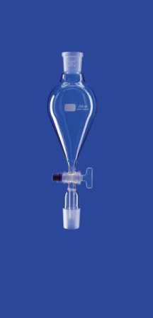 Csepegtető tölcsér, Csiszolat kúpos, tömör üveg dugó, 250 ml, NS 29/32, furat 4,0 mm, boroszilikát üveg 3,3
