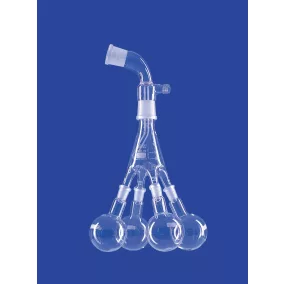   Desztilláló gyűjtő a Bredt szerint,egyenes,felső foglalat NS14/23,középcsonk.foglalat/ kúp NS19/26,vákuumcsatlakozó .GL18,4 lombikkal