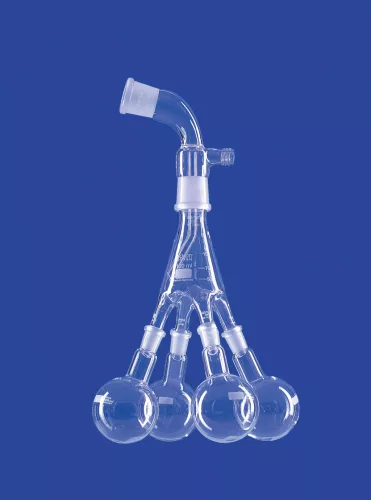 Desztilláló gyűjtő a Bredt szerint,egyenes,felső foglalat NS29/32,középcsonk.foglalat/ kúp NS29/32,vákuumcsatlakozó .GL18,4 lombikkal