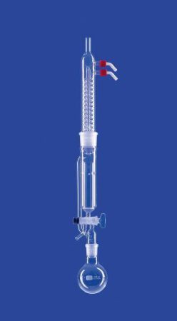 Extractor Thielepape szerint, extraháló 150 ml, Dimroth kondenzátorral NS45/40, extraháló fej extraháló gyűszűkkel, lombik