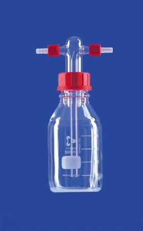 Gázmosó palack Drechsel szerint,csavaros csatlakozó k,szűrőtárcsa nélkül,500ml,csavaros kupak GL45,oldalsó GL14,fej DURANcsőből, palack