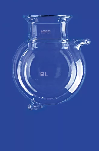 Reaktor, gömb alakú, term. köpeny, DN60, 250 ml, külső/belső átmérő 105/85 mm, magasság kb. 155 mm, 2 csatlakozó GL14, 2 műanyag