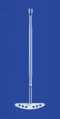 Keverő PTFE pengével és menetes csatlakozó val.GL10, kalibrált üvegcsőből,100ml-es lombikhoz,csatlakozó NS29/32,tengely 10mm,hossz 55x17